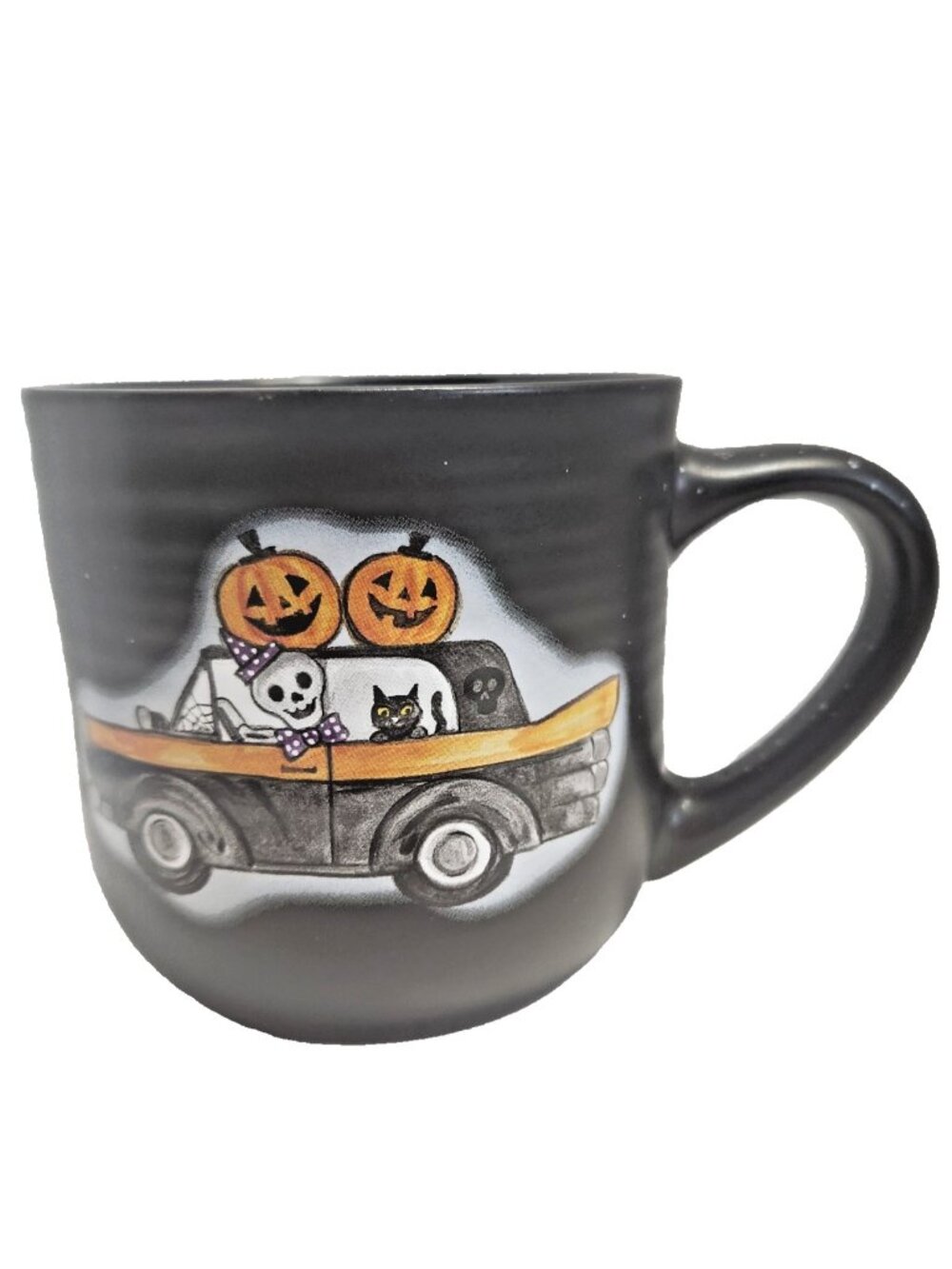 Cobwebs & Cauldrons Halloween Mug Skeletons, Pumpkins & Cat in Car Black Ceramic